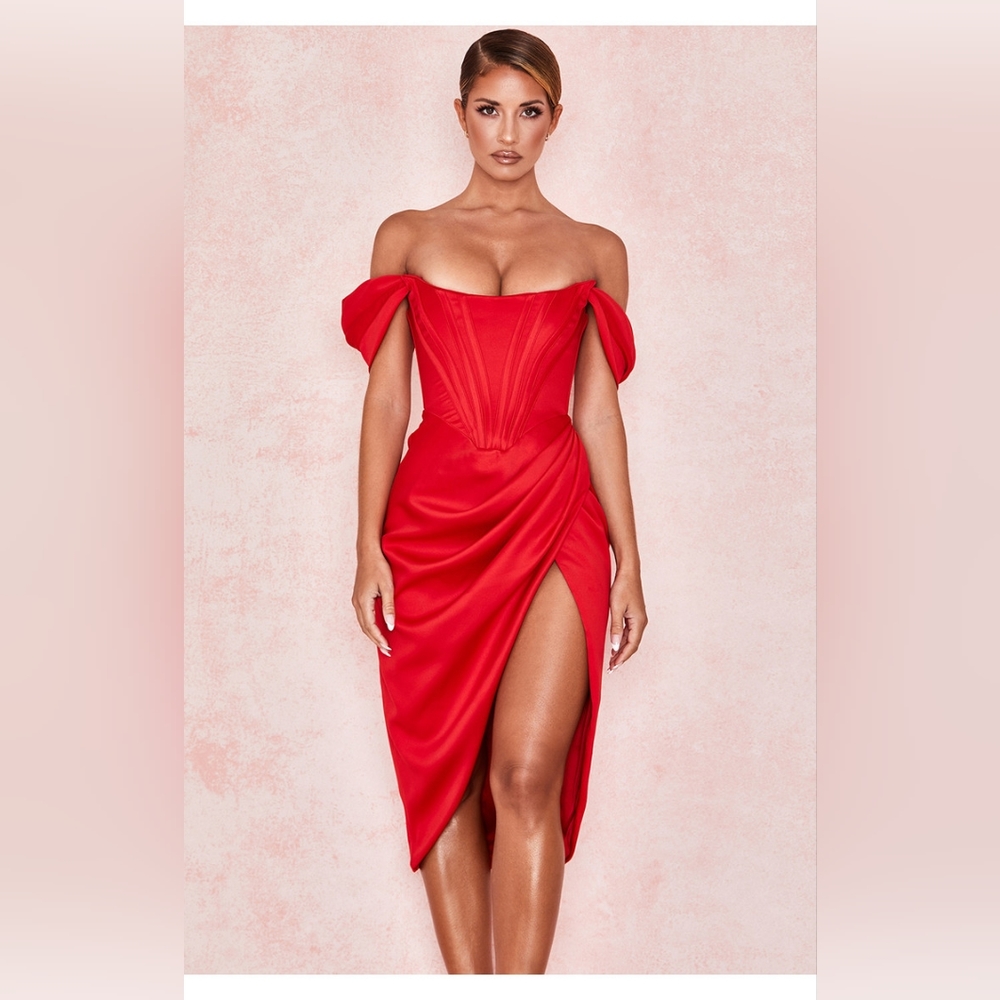 NWT House of CB LORETTA RED SATIN OFF SHOULDER Corset DRESS S